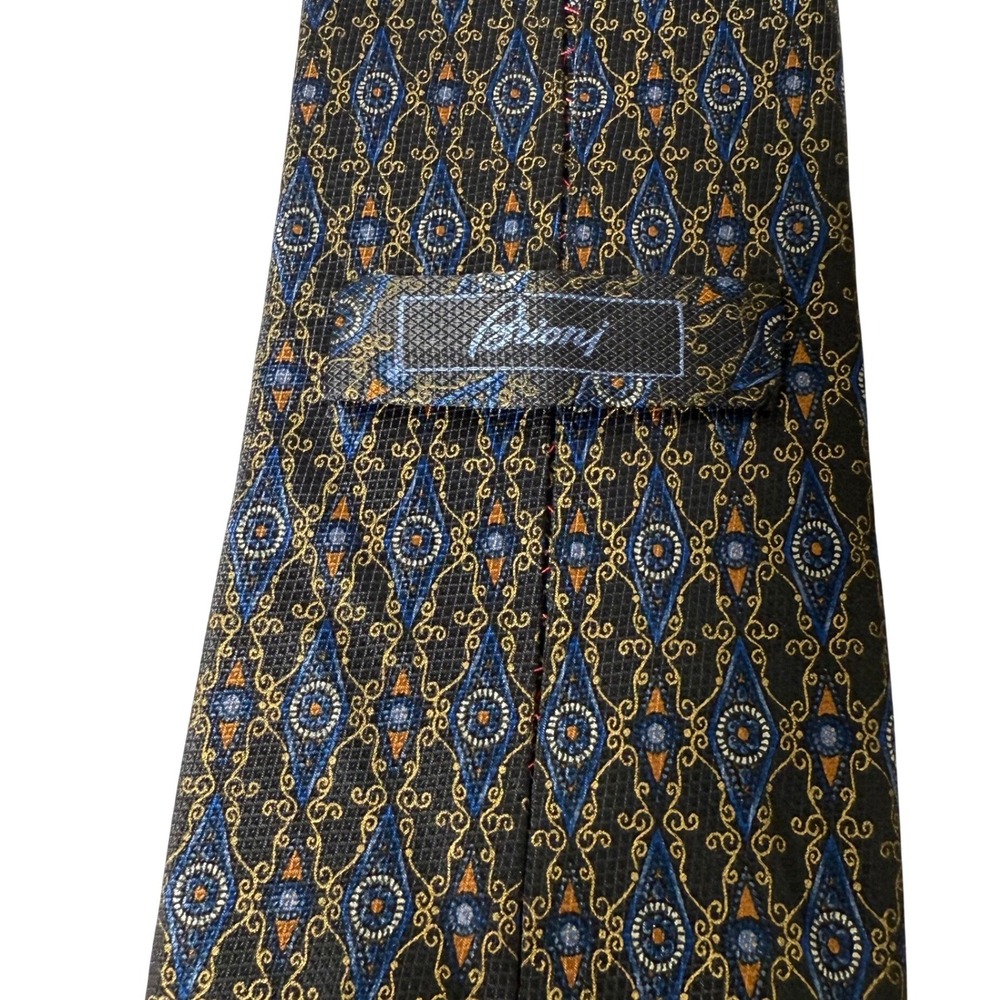 Brioni Silk Tie Mens Black Blue Gold Geometric Hand Made Italy Luxury
